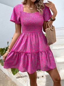 Breezaya Random Printed Floral Square Neckline Casual Sundress For Summer Vacation - Hot Pink - View 6