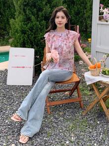 DAZY Women Fashion Vacation Floral Printed Ruffle Sleeve Blouse For Summer - Pink - View 6