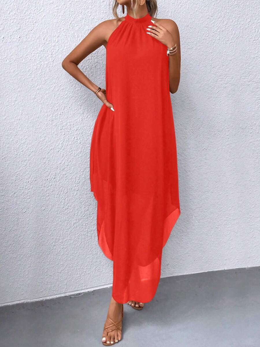 Đầm xếp ly cổ yếm màu trơn dáng suông mùa hè EARO dành cho nữ - trái cam - Xem 1