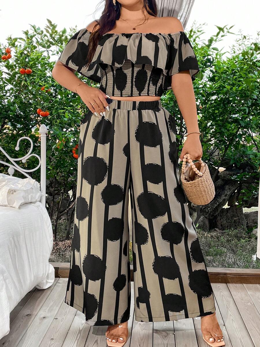 SHEIN Holidaya Plus Size Nữ Họa Tiết Chấm Bi Trễ Vai Và Quần Ống Rộng Xuân/Hè Hai Món - Nhiều màu - Xem 1