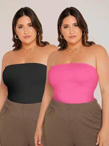 SHEIN EZwear 2pcs Pink & Black Simple Cropped Camisole Tops For Vacation, Plus Size Suitable For Going Out - Hot Pink - View 1