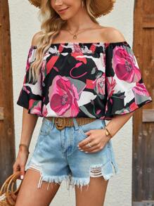 Breezaya Summer Floral Print Off Shoulder Vacation Loose Shirt - Hot Pink - View 1