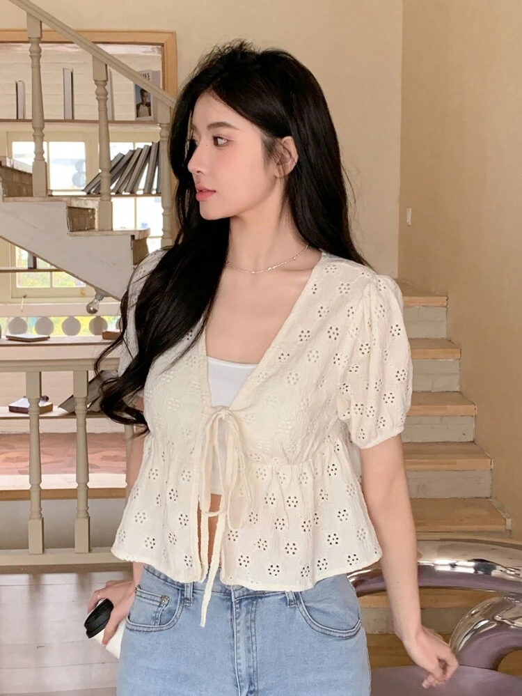 Women Short Knitted Cardigan T-Shirt With Design Band Summer,Ruffle