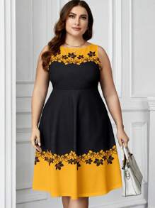 SHEIN Clasi 大尺碼無袖花卉印花裙 - 黃色 - 查看 3