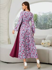 Seusyu Women Floral Print Patchwork Vacation Modest Burgundy Long Sleeve Dress With Side Criss-Cross Cinching Waist - Burgundy - View 2