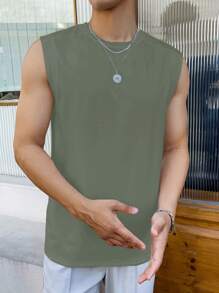 StoneGrade Men Solid Color Round Neck Summer Sports Casual Basic Tank Top - Green - View 5