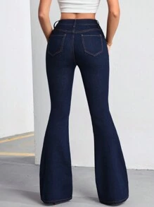 SHEIN Tall 女士實色含口袋喇叭牛仔褲 - 深色水洗藍 - 查看 2