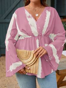 SHEIN Clasi Plus Size Women Brush Printed Loose Fit Shirt With Bell Sleeves For Spring And Summer