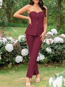 GENKIRA Conjunto de dos piezas para mujeres compuesto por un top sin tirantes y abotonado en la parte delantera de unicolor y pantalones acampanados para el verano - Rojo - Ver 6