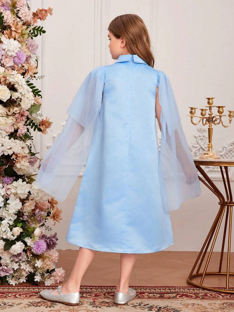 Tween Girl Elegant And Graceful Spring Summer Satin And Mesh Splicing Round Neck Cape Sleeve Dress
