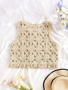 SHEIN Tween Girl Hollow Out Perspective Sleeveless Round Neck Tank Top