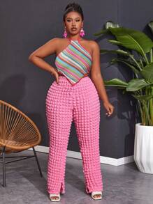 Slaydiva Women'S Plus Size Striped Halter Top And Solid Color Pants Beach Vacation Outfit - Baby Pink - View 5