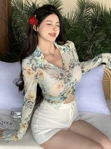 DAZY Women Floral Print Long Sleeve Cropped See-Through Top For Spring And Summer - Yellow - View 1