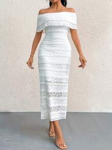 SHEIN Privé Women Simple Romantic Elegant Solid Color Pleated Off Shoulder Full Lace Dress - White - View 4