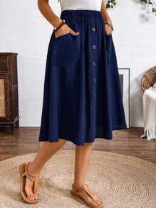Chiquease NỮ A-line Chiều dài trung bình Váy Với Giải trí Nút Đồ trang trí - Màu xanh hải quân - Xem 5