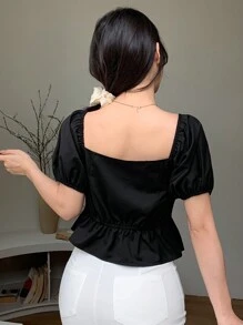 DAZY 女士休闲拼色蝴蝶结装饰方领泡泡袖收腰衬衫夏季荷叶边短款上衣