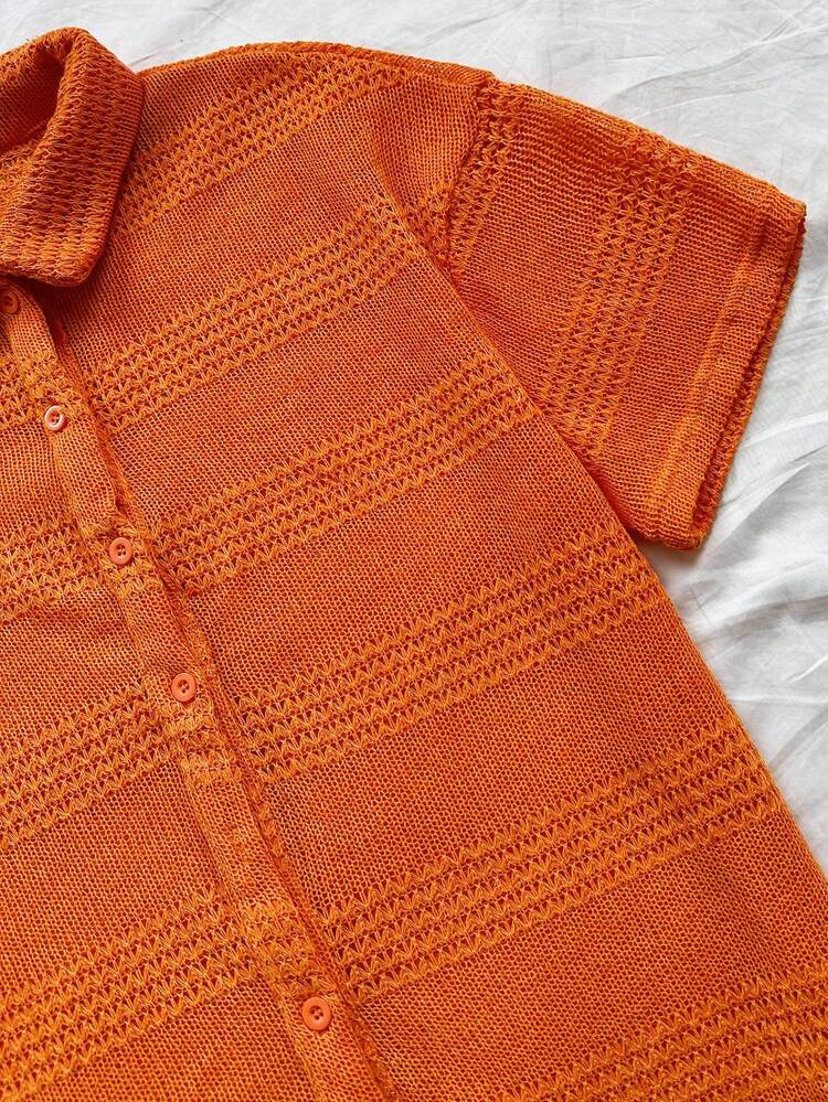 Women's Summer Holiday Casual Orange Knit Texture Single-Breasted Short Sleeve Loose Turn-Down Collar T-Shirt