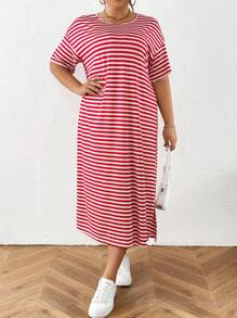 SHEIN Essnce Women's Plus Size Striped Round Neck Hem High Slit Summer Short Sleeve Robe Dress - Red - View 3