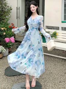 DAZY 女士V领印花长袖雪纺连衣裙，腰部系带，荷叶边，秋季度假装扮，女士复活节长裙 - 藍色 - 查看 2