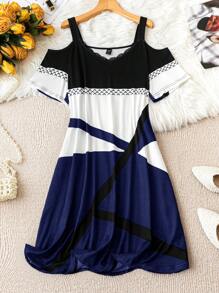 SHEIN LUNE 大碼露肩蕾絲拼接連衣裙 - 彩色 - 查看 1