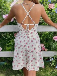 SHEIN Unity Summer Ditsy Floral Cinched Waist Ruffle Hem Cami Dress - Apricot - View 2