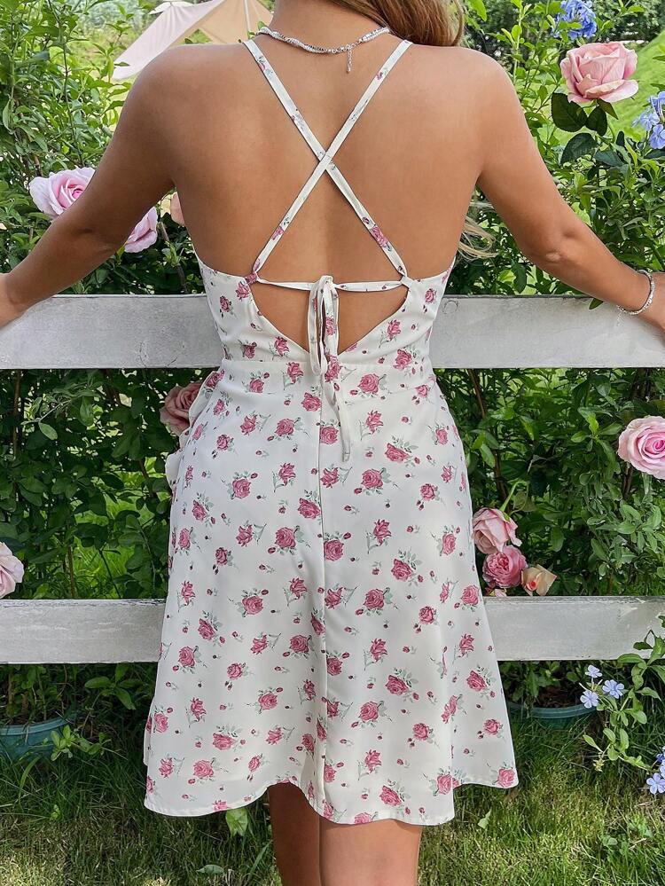 Summer Ditsy Floral Cinched Waist Ruffle Hem Cami Dress