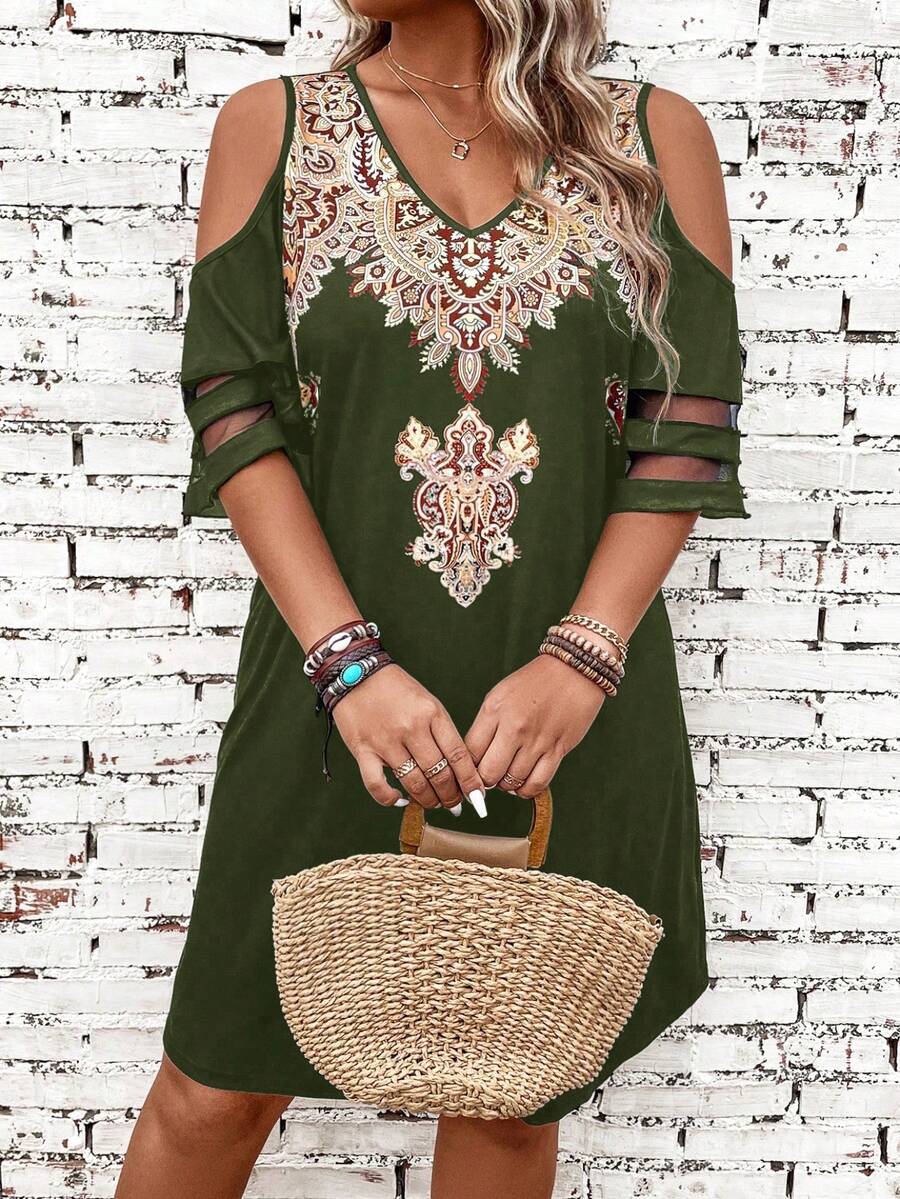 SHEIN LUNE Plus Size Nữ Mùa Hè Cổ Điển Retro In Hoa Lạnh Vai Thẳng Đầm - màu xanh lá - Xem 1