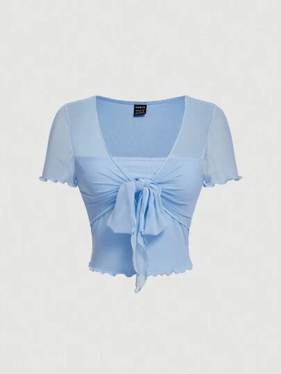 SHEIN MOD Lettuce Hem Tie Front Green Vintage T-Shirt