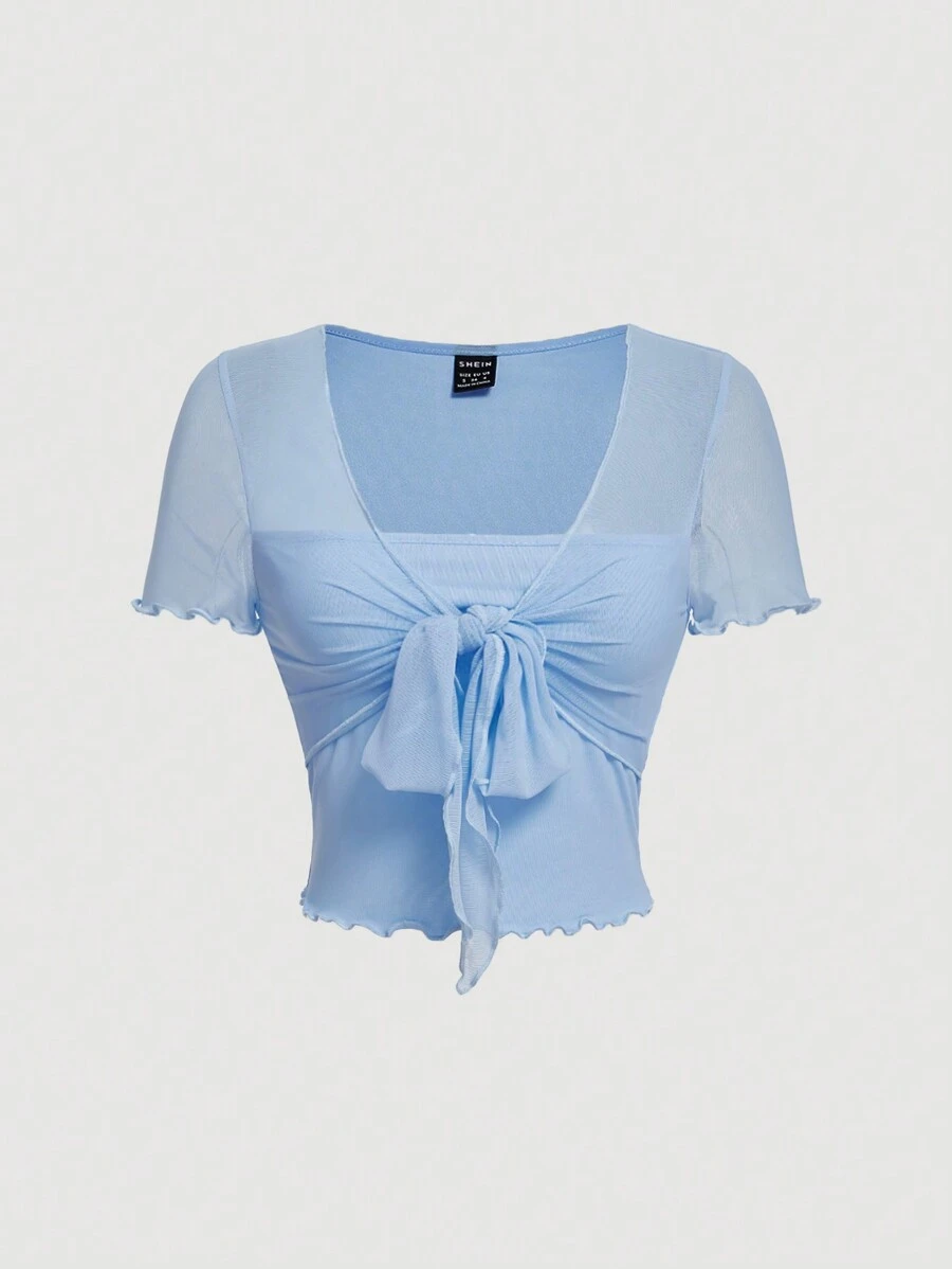 SHEIN MOD Lettuce Hem Tie Front Green Vintage T-Shirt