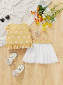 SHEIN Baby Girl Vacation Flower, Plaid Pattern Ruffle Hem Sleeveless Top And Shorts Set - Yellow - View 2