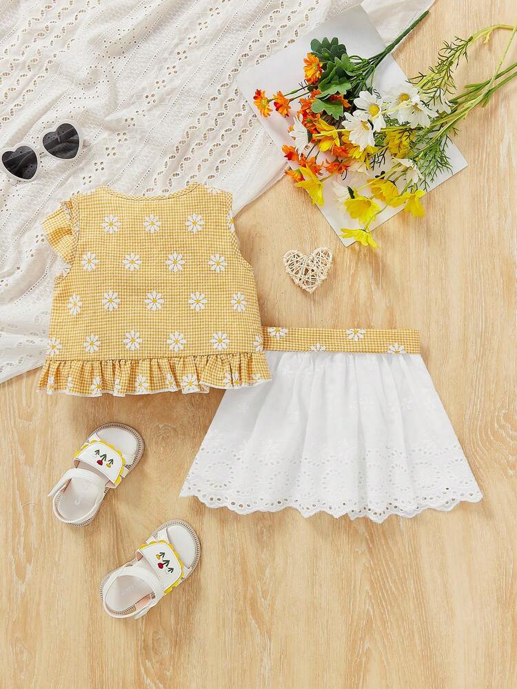 Baby Girl Vacation Flower, Plaid Pattern Ruffle Hem Sleeveless Top And Shorts Set