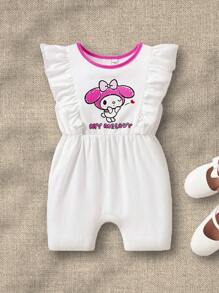 HELLO KITTY AND FRIENDS | SHEIN Baby Girl Cartoon And Letter Graphic Ruffle Trim Romper - White - View 6