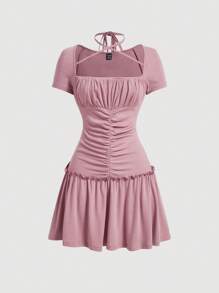 SHEIN MOD Ärmelloses Strickweste für Damen mit Wrap-Ausschnitt, Krawatten und Plissee mini A-Linie-Kleid