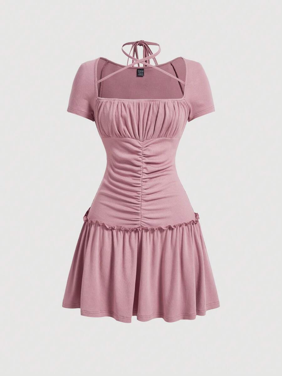 SHEIN MOD Ärmelloses Strickweste für Damen mit Wrap-Ausschnitt, Krawatten und Plissee mini A-Linie-Kleid