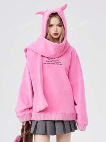 ELFSACK Pink Warm Hooded For Women 2024 Fit In Spring Loose Sweet Style Embroidered Top