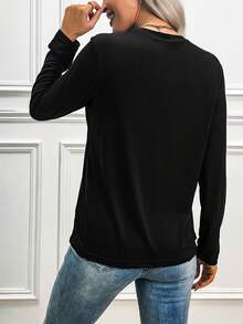 春夏季卡通貓印花女士長袖休閒T恤 - 黑色 - 查看 2