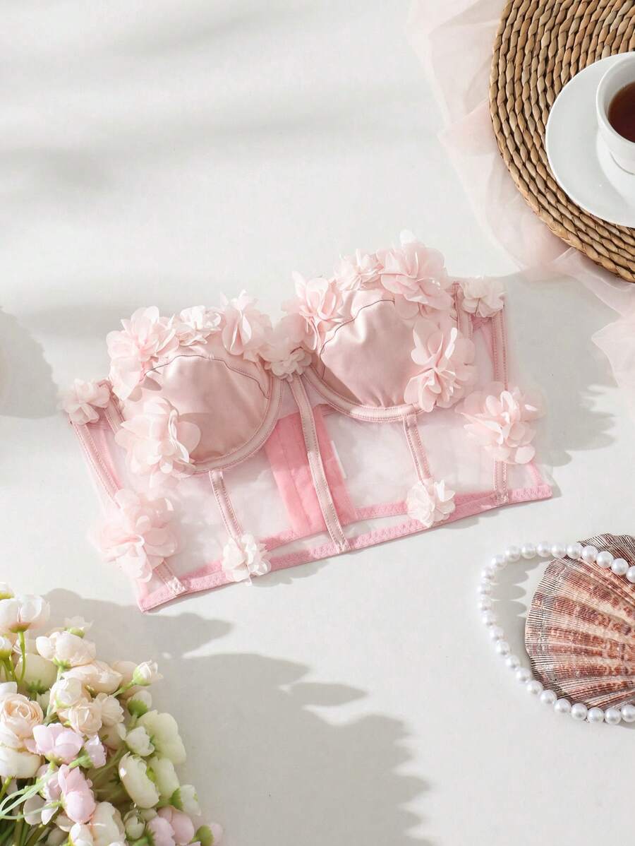 SHEIN Blomma Applikationer Nät Utan band BH:ar - Babyrosa - Visa 1