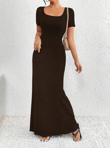 SHEIN Clasi Đầm Maxi dài tay ngắn cổ vuông màu trơn thanh lịch cho nữ - Màu nâu  Mocha - Xem 6