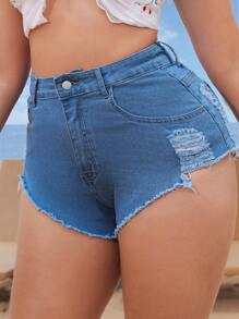 SHEIN VCAY Plus Size Women Distressed Denim Short Shorts With Frayed Hem - Blue - View 6