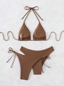 Swim Basics Women Summer Beach Solid Halter Neck 3-Piece Bikini Set Bathing Suit