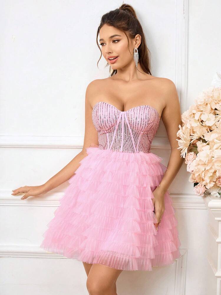Ladies Pink Elegant Strapless Tulle Spliced A-Line Princess Cocktail Party Dress