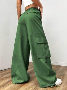 SHEIN EZwear Ladies" Plain Drawstring Waist Wide-Leg Cargo Pants With Loose Fit