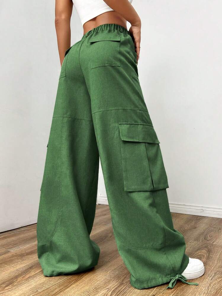 Ladies" Plain Drawstring Waist Wide-Leg Cargo Pants With Loose Fit