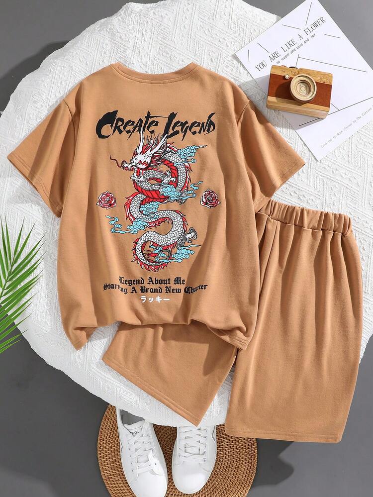 Boys' Loose Fit Casual Round Neck Pattern Print Short Sleeve T-Shirt And Shorts Set