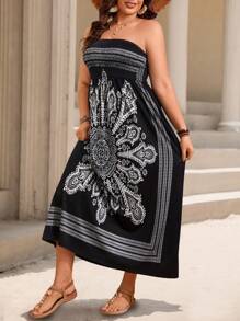 SHEIN Clasi Kích thước lớn Retro In Quây Nếp uốn Thêm dài Kỳ nghỉ Đầm - màu đen - Xem 5