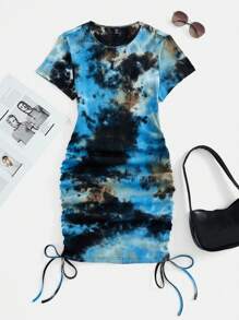 SHEIN EZwear 大尺碼夏季扎染修身連身裙，隨機多色，束帶和側開叉設計 - 藍色 - 查看 1