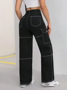SHEIN PETITE Color Block Stitching Loose Fit Straight-Leg Jeans For Casual Work Wear - Black - View 2