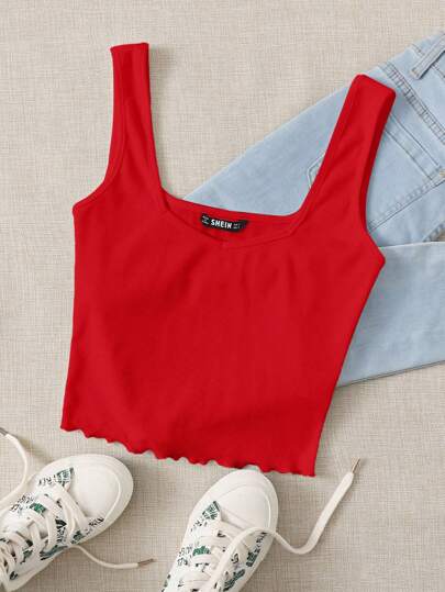 SHEIN Essnce Women Tank Tops & Camis Lettuce Trim Rib-Knit Plain Casual