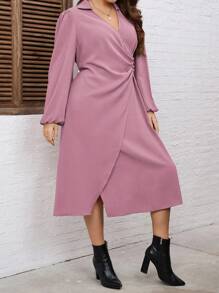 SHEIN Privé Plus Size Cross-Over Wrap Twist Knot Design Dress With Collar - Pink - View 4