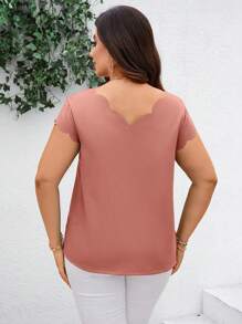 SHEIN Clasi Camisa simple de manga corta con borde de concha informal para verano y utilización diaria en tallas grandes - Rosa vieja - Ver 2